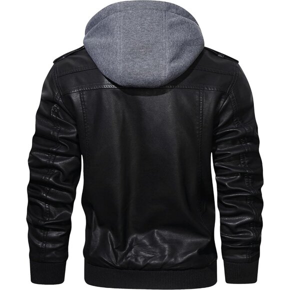 🆕 Men Black Faux Leather Zipper Motorcycle Bomber Jacket Stand Collar PU Hood - Picture 3 of 7
